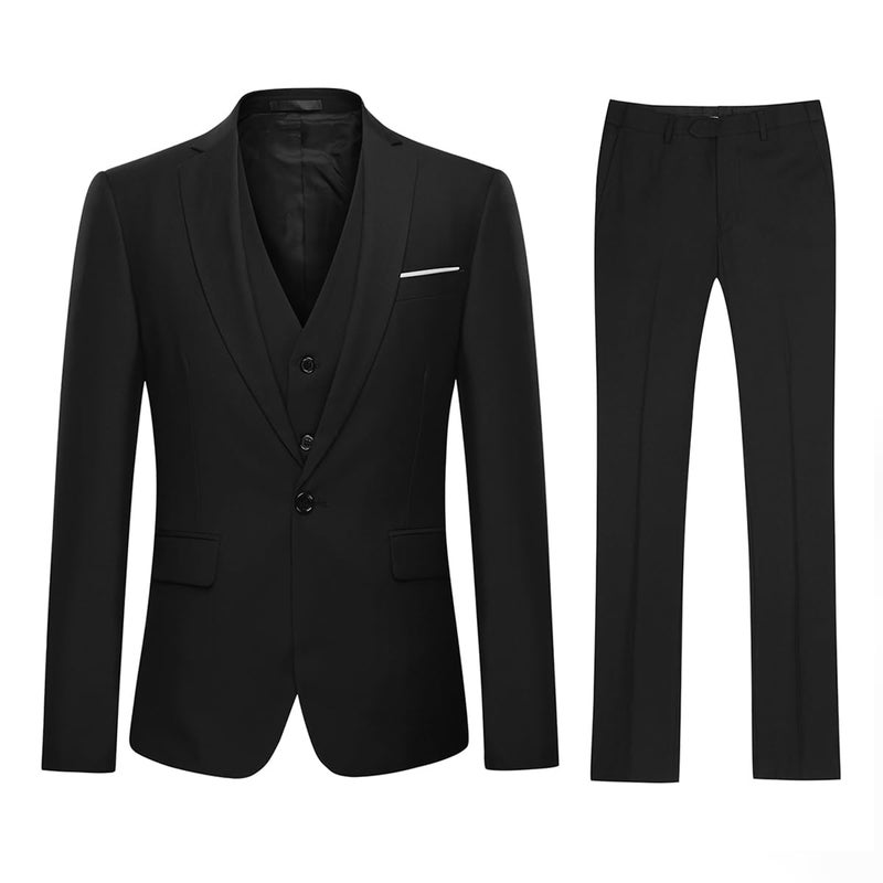 YFFUSHI Men's 3 Piece Suit Sets Slim Fit One Button Blazer with Vest & Pants, Professional Business Wedding Suits Black - Image 2